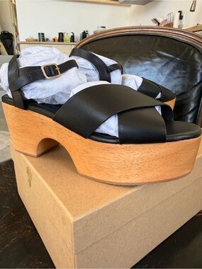 Charlotte Stone Black Leather Platform Clogs, Dermot in Black